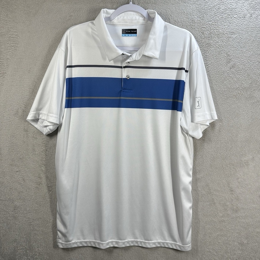 PGA Tour Men's Polo‎ Shirt Bright White & Blue Short Sleeve Men's Size XL